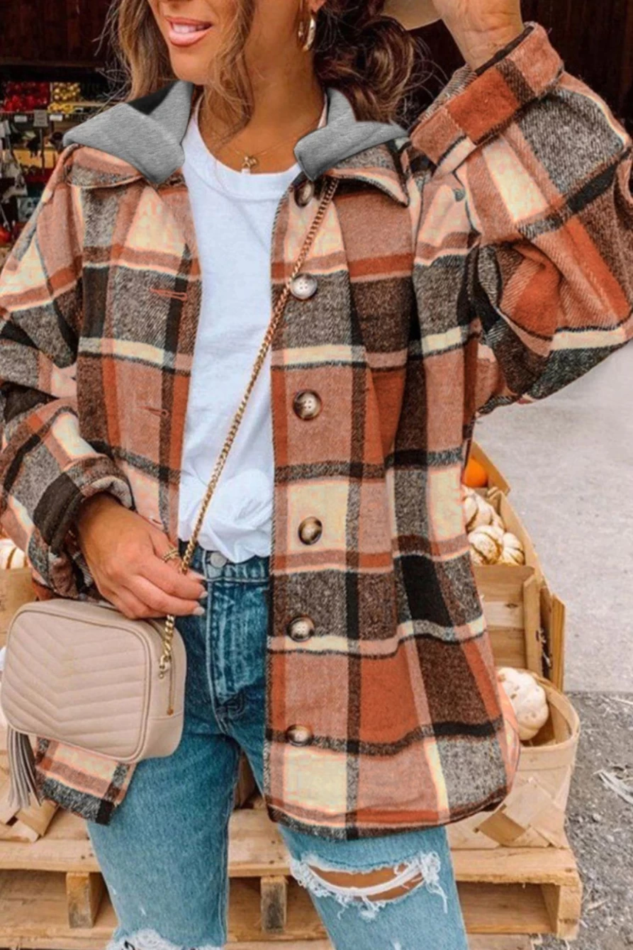 Shewin Women's Orange Plaid Button-Front Hooded Shacket Coat