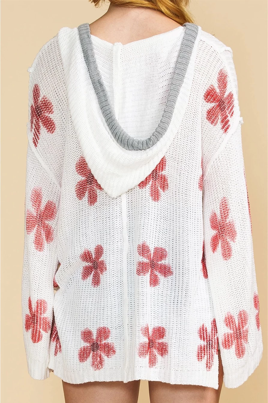 Shewin Women's White Floral Print Oversized Knit Hooded Sweater - Cozy Casual Pullover