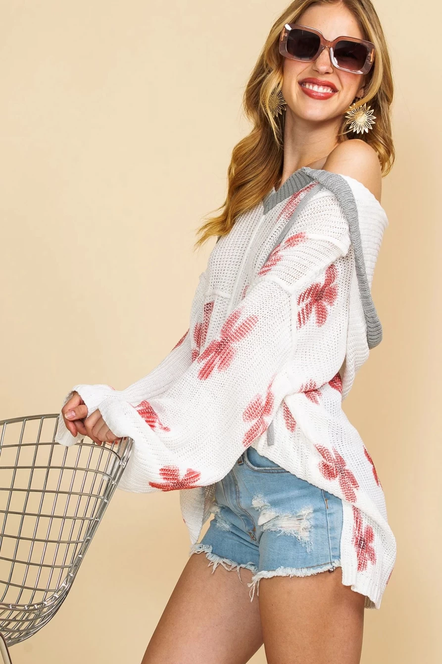 Shewin Women's White Floral Print Oversized Knit Hooded Sweater - Cozy Casual Pullover