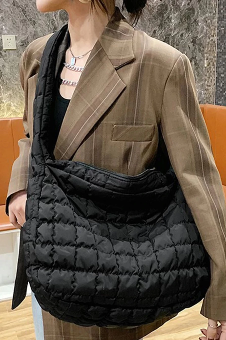 Shewin Women's Black Quilted Large Zipper Shoulder Bag