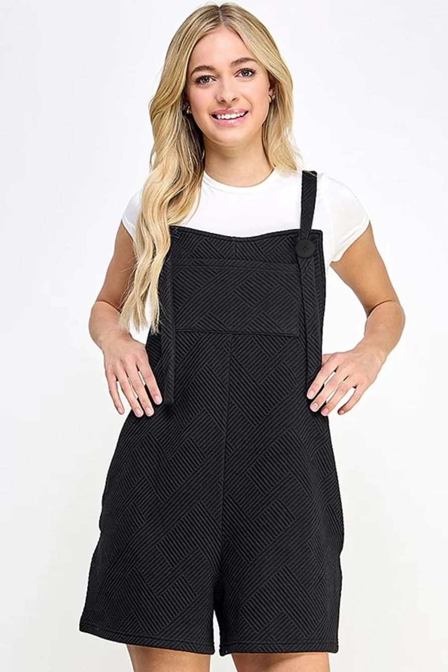 Shewin Women's Black Textured Romper with Adjustable Straps & Pockets