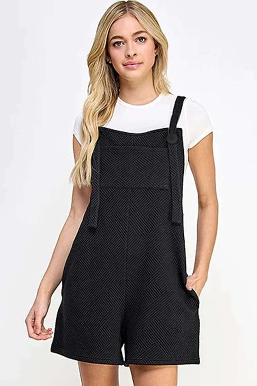 Shewin Women's Black Textured Romper with Adjustable Straps & Pockets