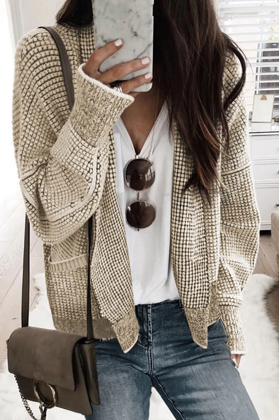 Shewin Women's Apricot Chunky Knit Cardigan with Drop Sleeves and Pockets