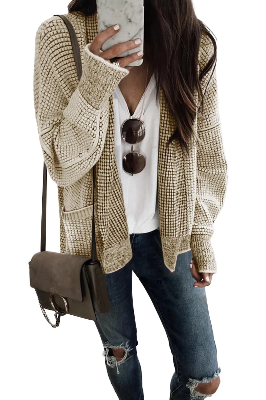 Shewin Women's Apricot Chunky Knit Cardigan with Drop Sleeves and Pockets