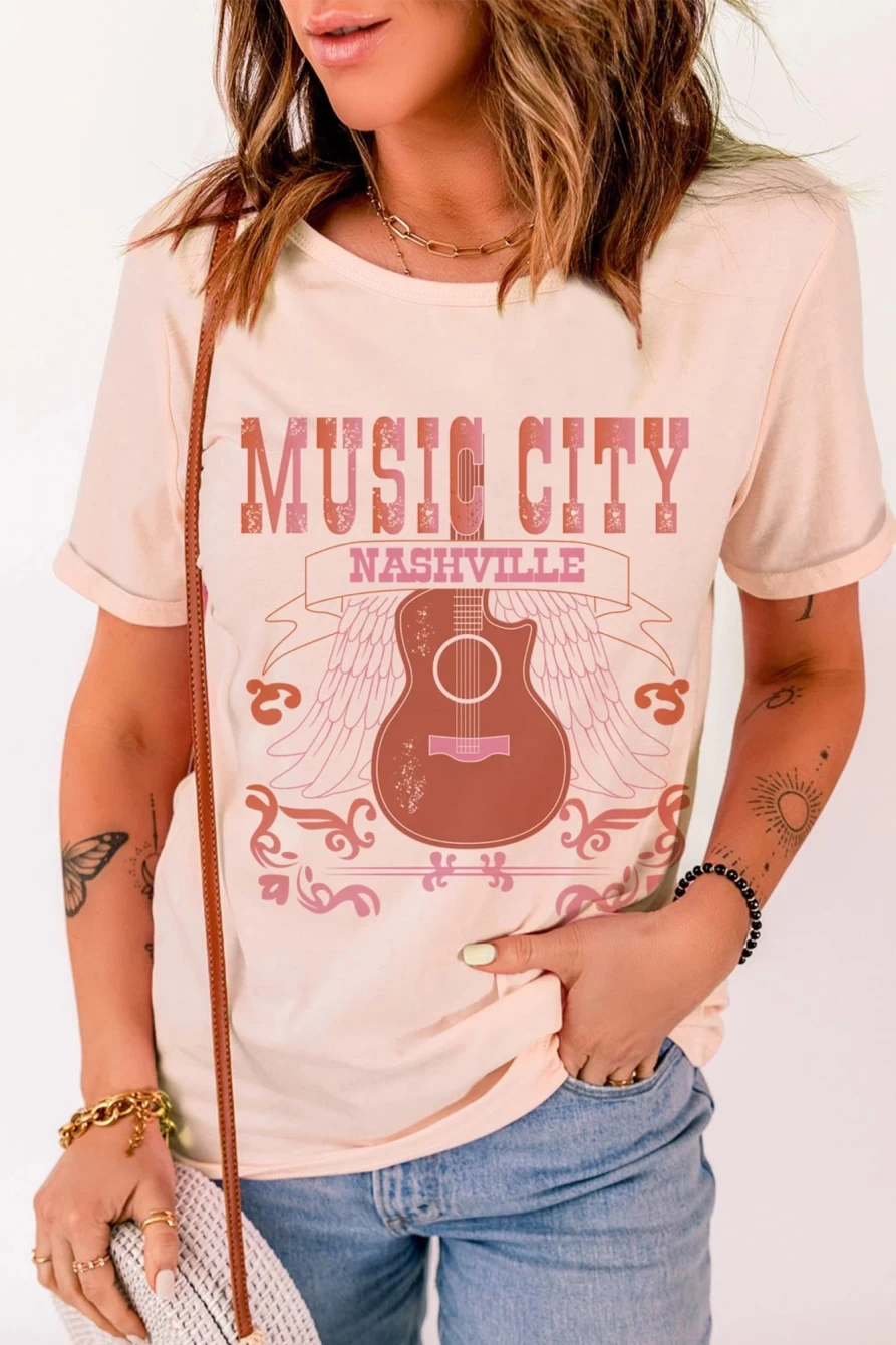 Shewin Women's Pink Music City Guitar Graphic Tee - Casual Vintage Band T-Shirt