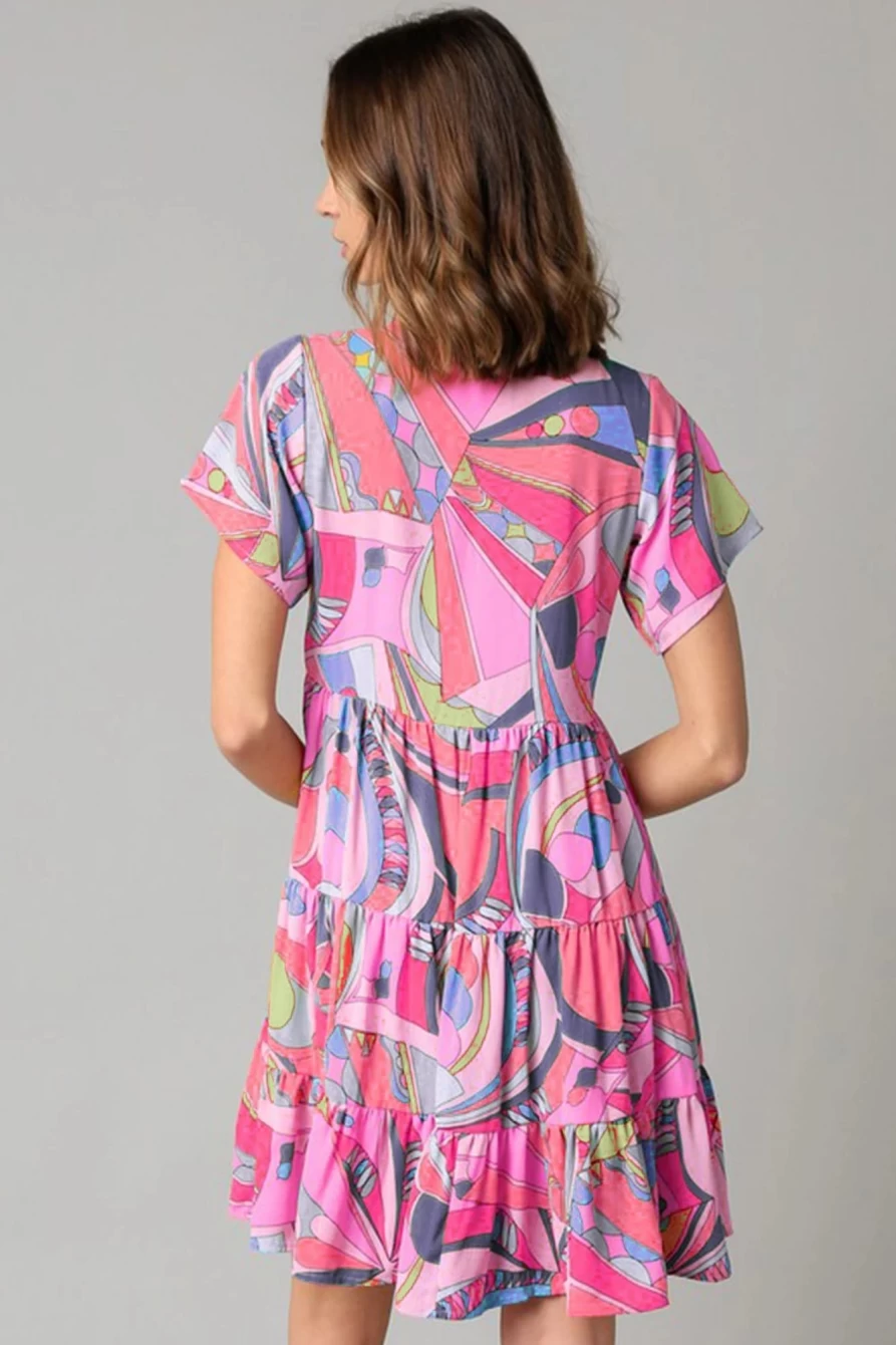 Shewin Women's Pink Abstract Print Split V-Neck Short Sleeve Tiered Dress