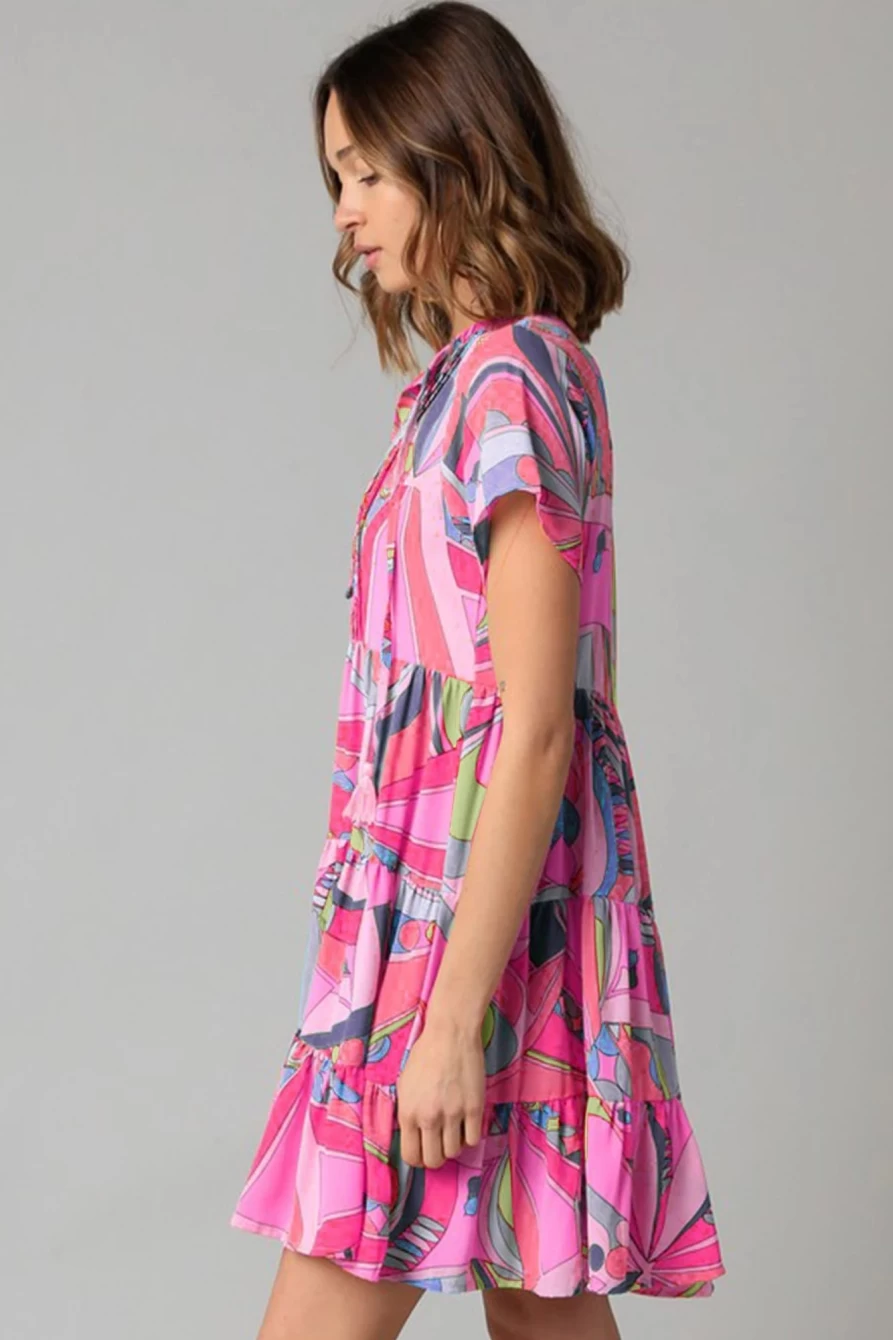 Shewin Women's Pink Abstract Print Split V-Neck Short Sleeve Tiered Dress