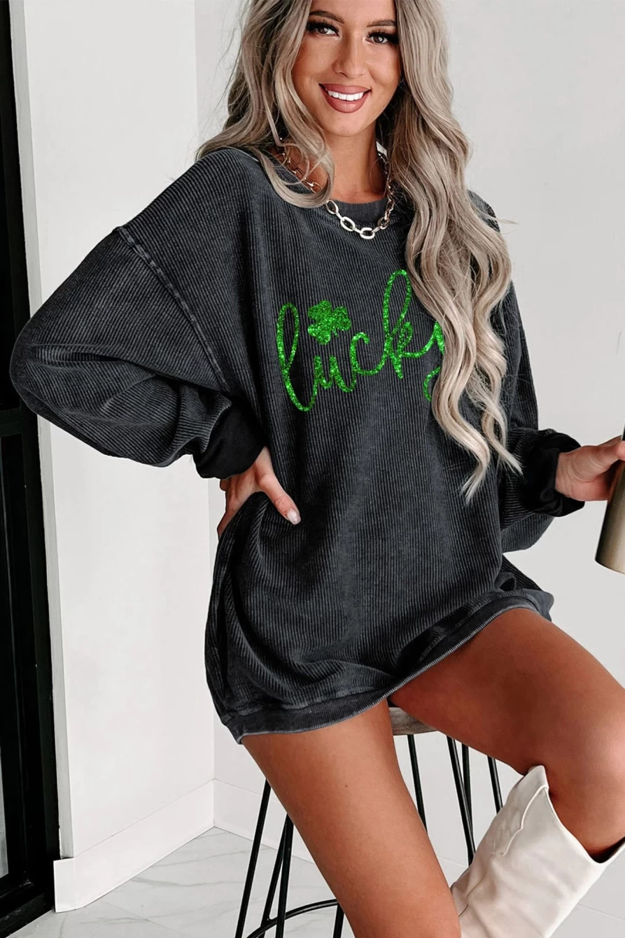 Shewin Women's Black Lucky Clover Graphic Drop Shoulder Sweatshirt - Stylish & Comfortable