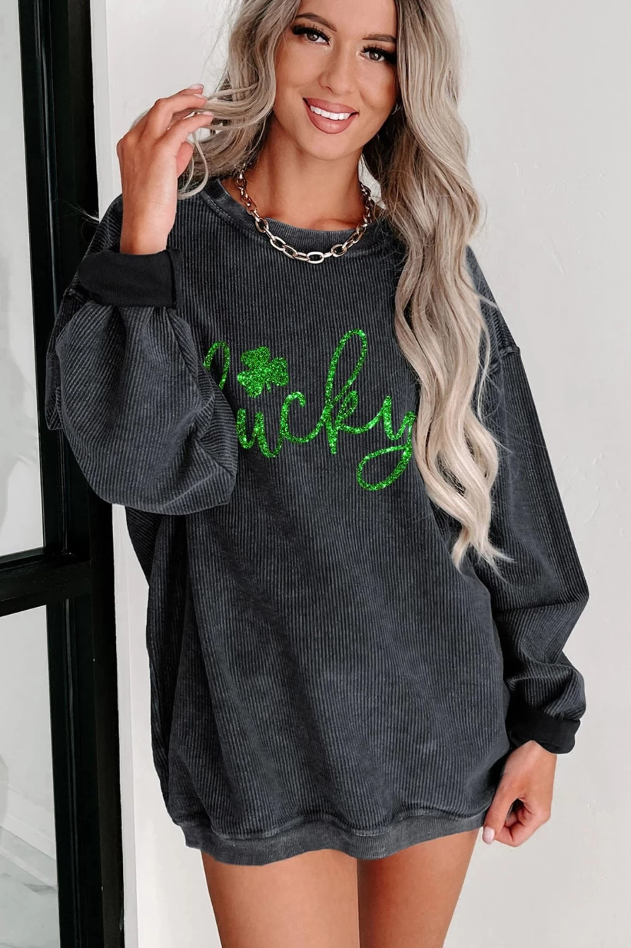 Shewin Women's Black Lucky Clover Graphic Drop Shoulder Sweatshirt - Stylish & Comfortable