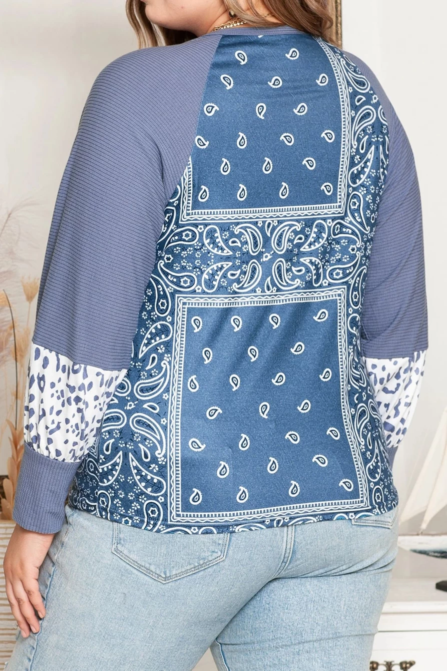 Shewin Women's Sky Blue Paisley Patchwork Split Neck Plus Size Blouse