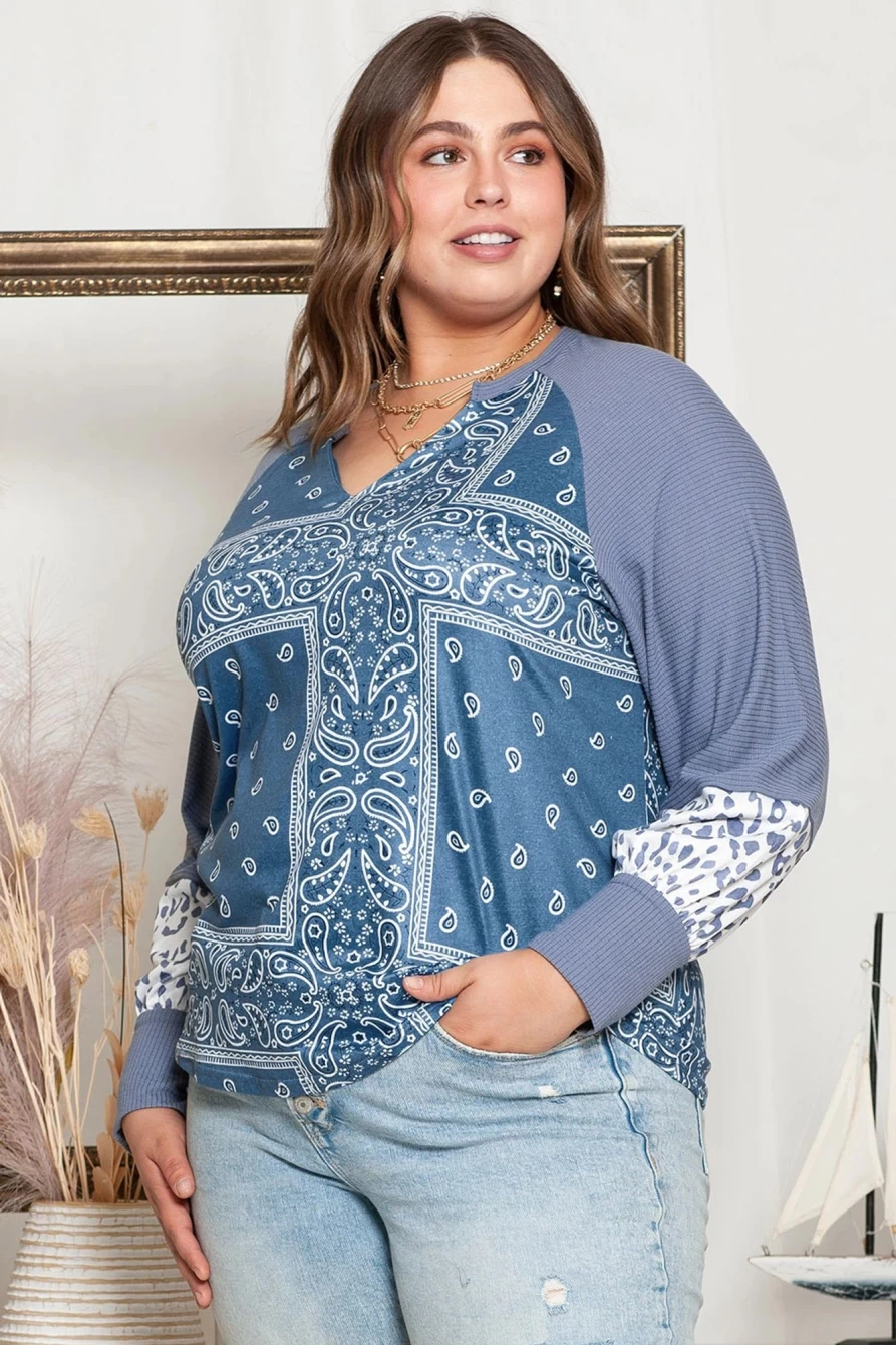Shewin Women's Sky Blue Paisley Patchwork Split Neck Plus Size Blouse