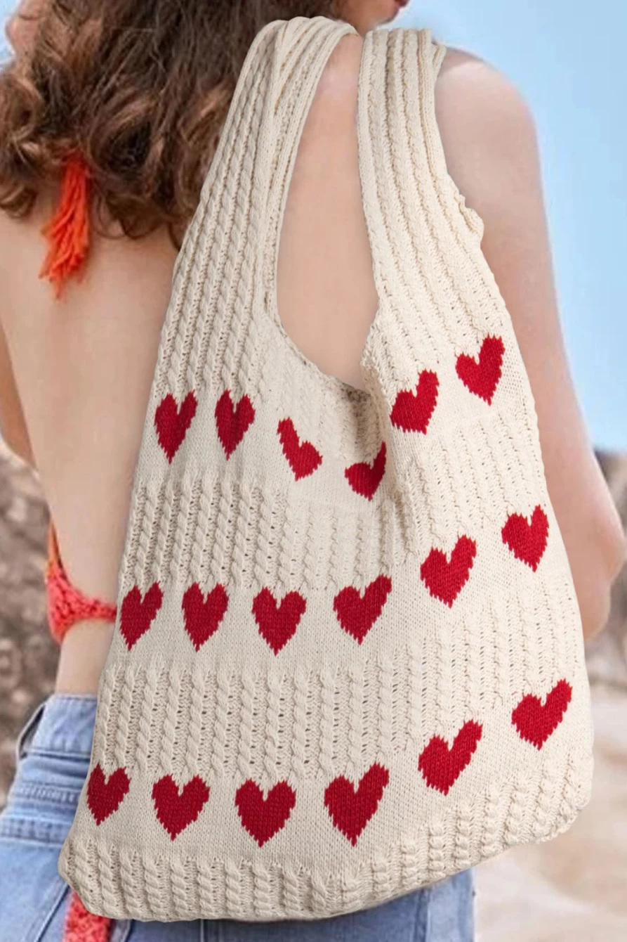 "SheWin Women's Apricot Colorblock Heart Knit Shoulder Bag - Trendy Crossbody Purse"