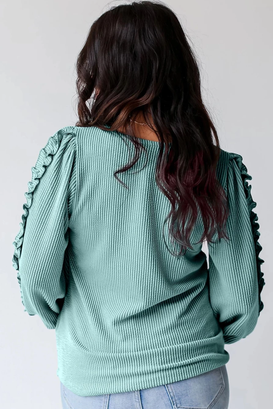 Shewin Women's Moonlight Jade Ruffled Sleeve Textured Blouse