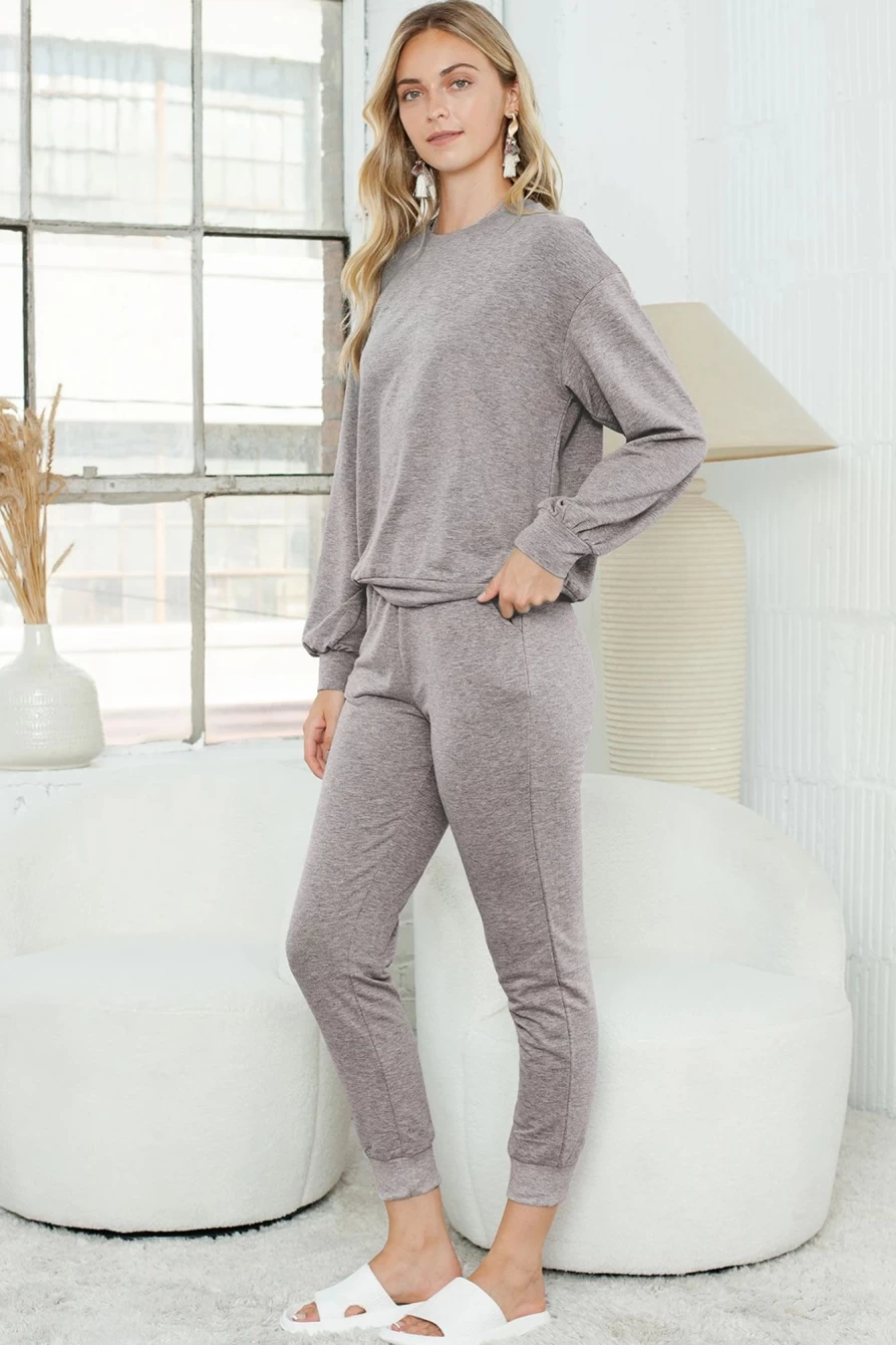 Women's Gray Long Puff Sleeve Two Piece Set with Pockets - Shewin Casual Outfit