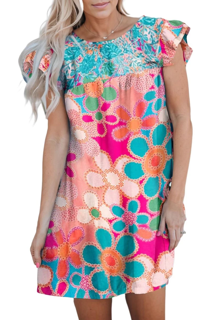 Shewin Women's Multicolor Floral Ruffle Babydoll Dress Short Sleeve Summer Mini