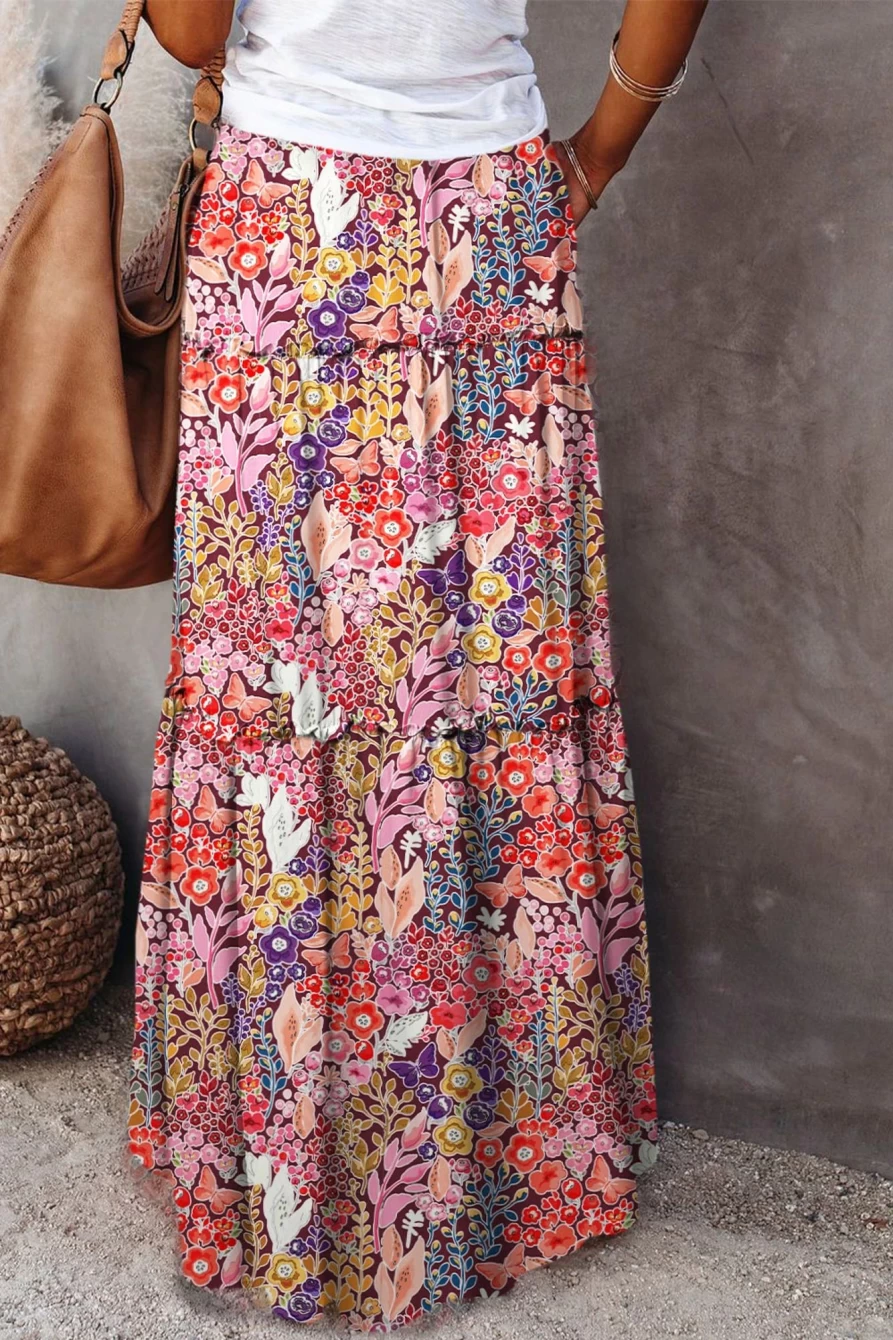 "Shewin Women's Boho Floral Print High Waist Maxi Skirt - Multicolor Bohemian Beach Skirt"