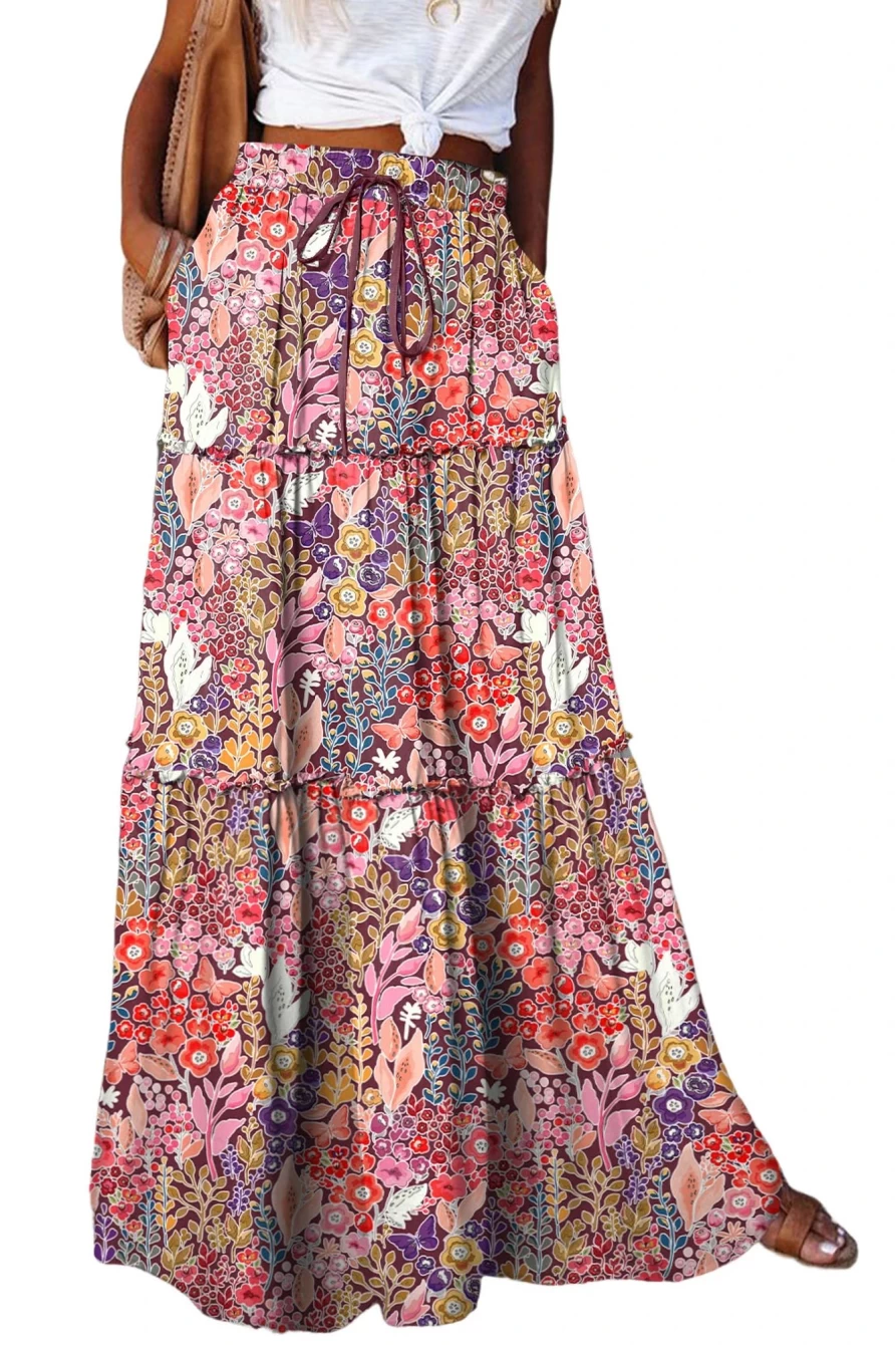 "Shewin Women's Boho Floral Print High Waist Maxi Skirt - Multicolor Bohemian Beach Skirt"