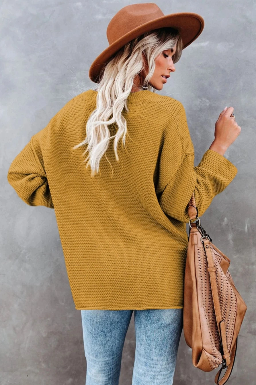 Women's Yellow Drop Shoulder Henley Neck Pullover Sweater with Side Slits | Shewin Casual Knit Top