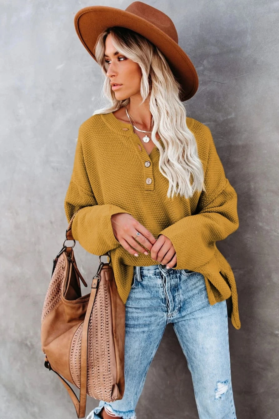 Women's Yellow Drop Shoulder Henley Neck Pullover Sweater with Side Slits | Shewin Casual Knit Top