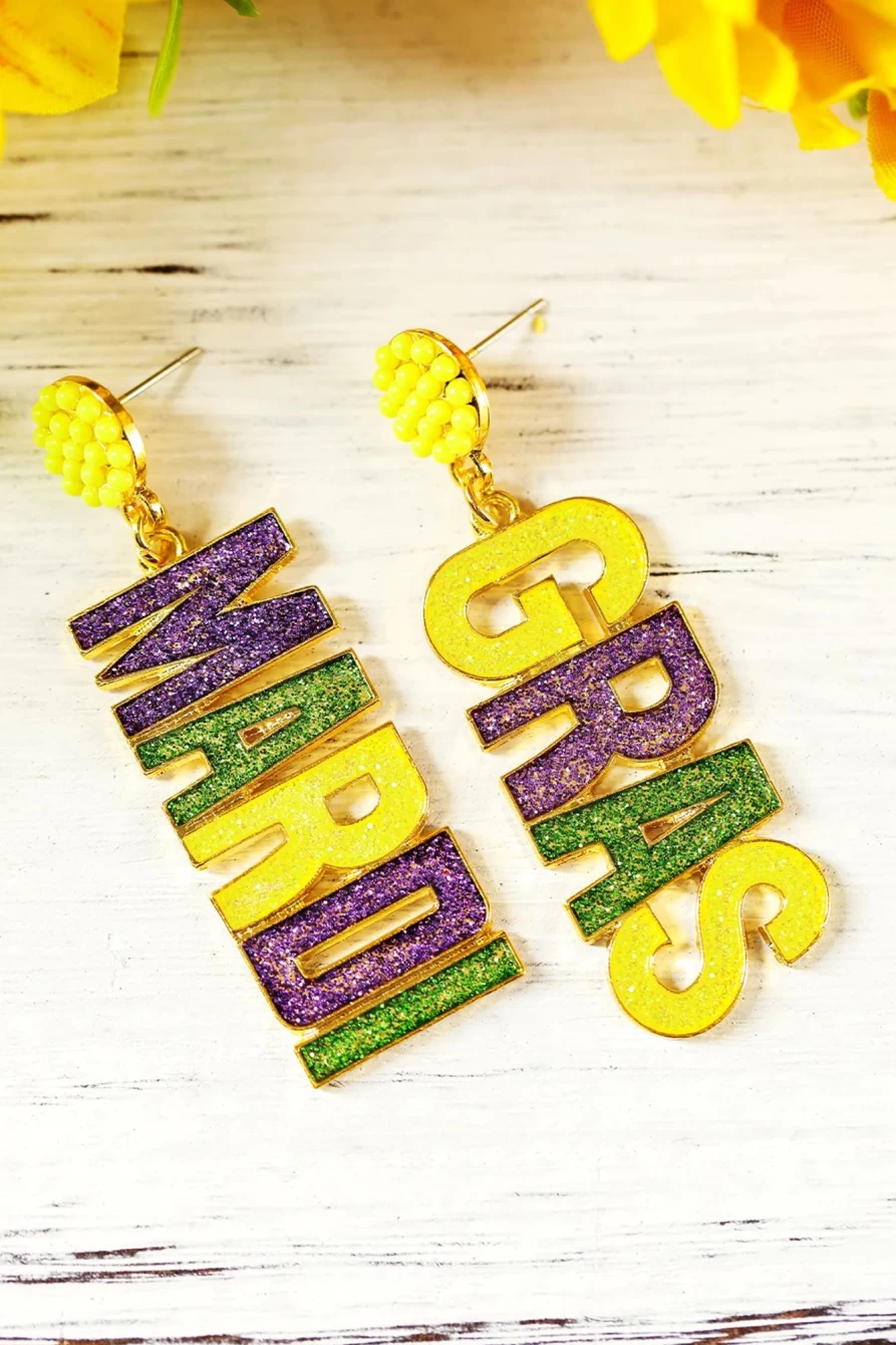 Shewin Women's Yellow Mardi Gras Shiny Letter Pendant Earrings for Festive Celebrations