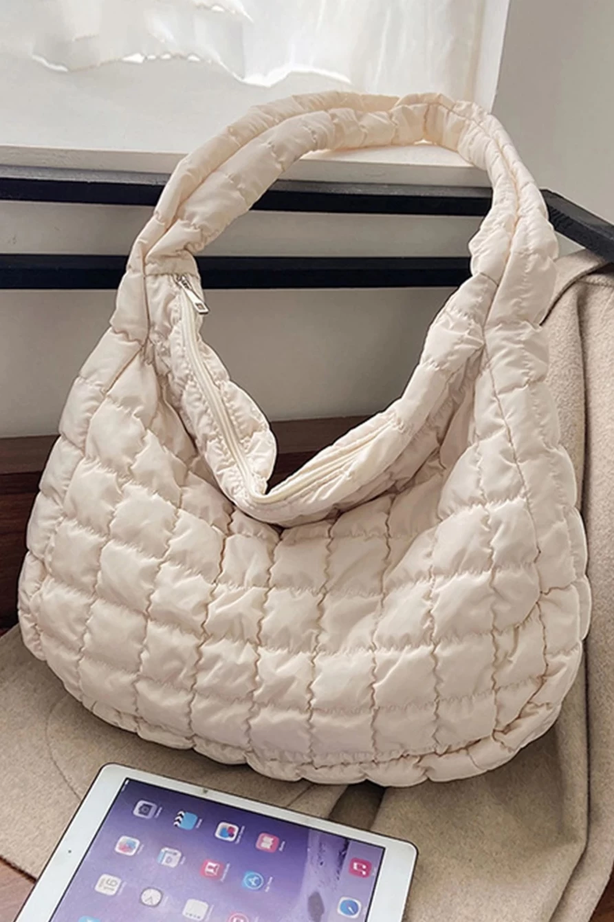 Shewin Women's White Quilted Large Shoulder Bag with Zipper