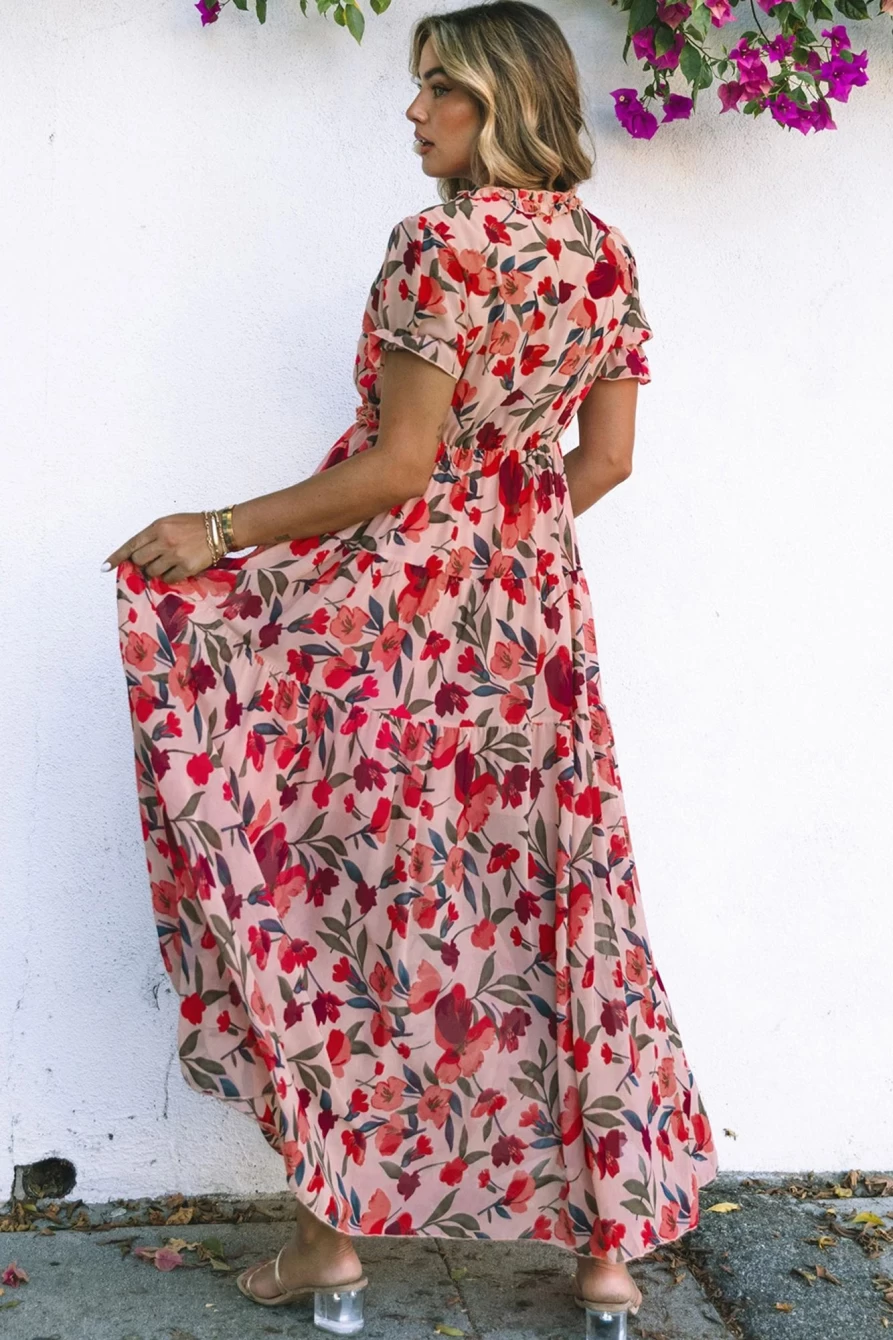 Shewin Women's Red Floral Print Frilled Deep V Neck Tie Maxi Dress