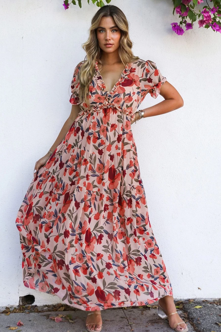 Shewin Women's Red Floral Print Frilled Deep V Neck Tie Maxi Dress