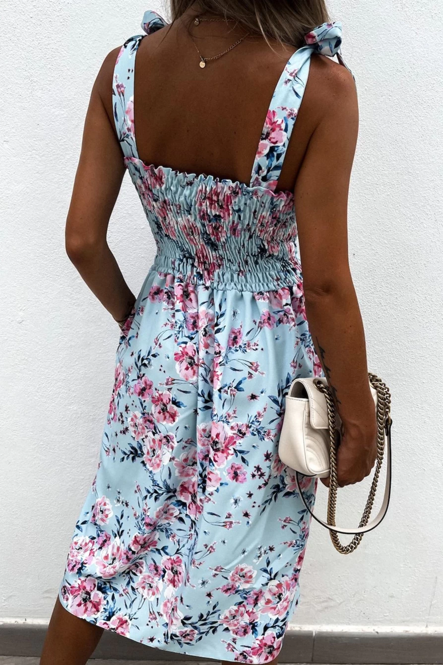 Shewin Women's Sky Blue Floral Smocked Midi Dress with Tie Straps