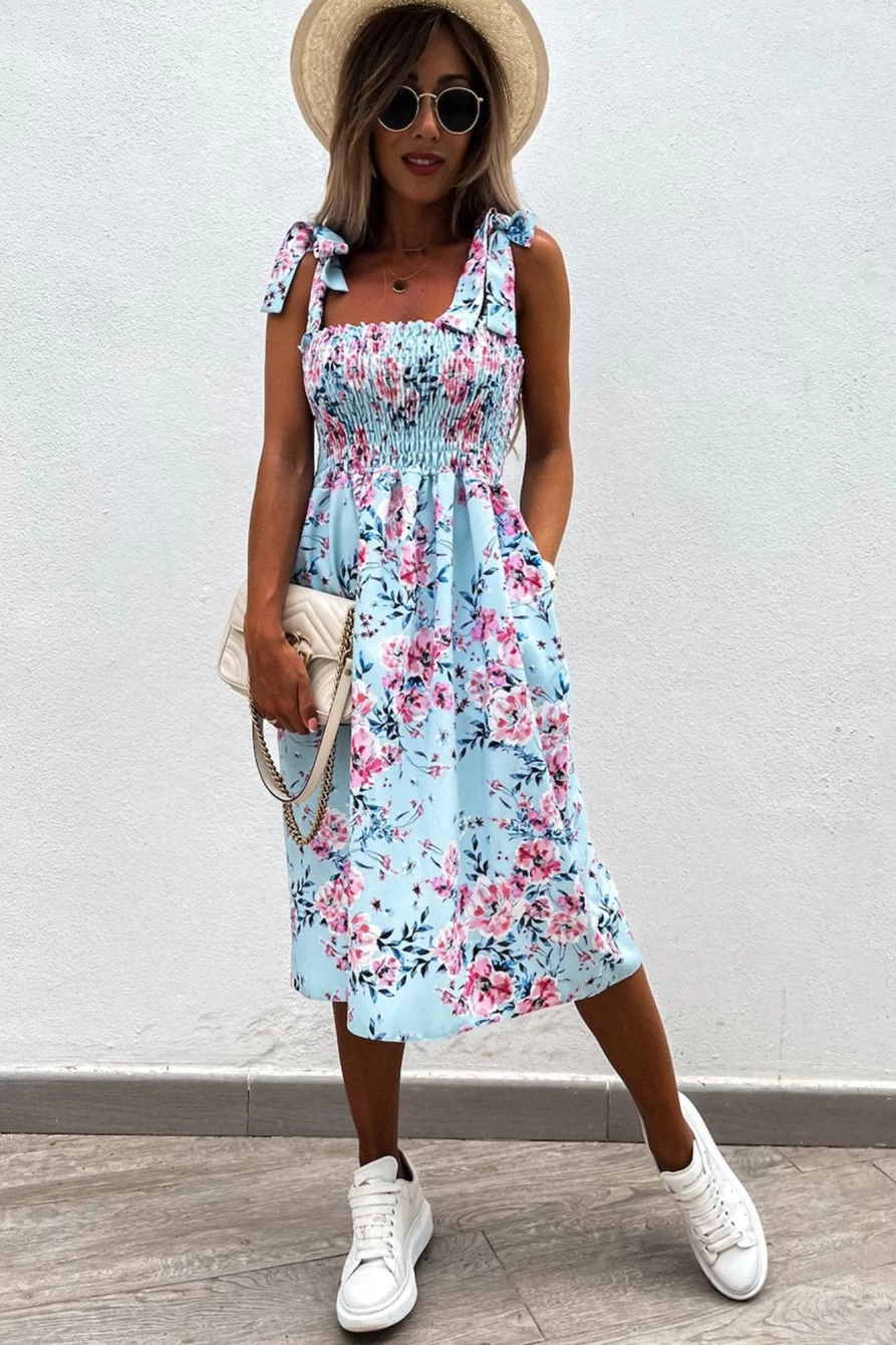 Shewin Women's Sky Blue Floral Smocked Midi Dress with Tie Straps