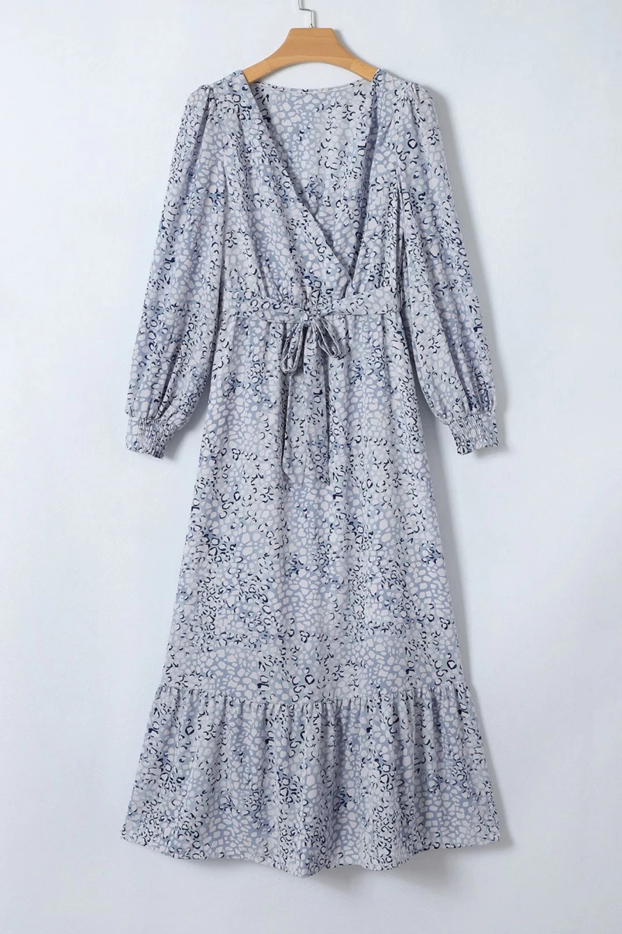 Shewin Women's Sky Blue Printed Surplice V-Neck Maxi Dress with Bubble Sleeves and Sash Detail