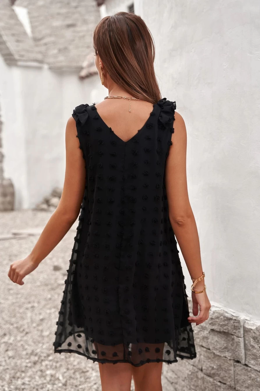 Shewin Women's Black Swiss Dot Mini Dress with V-Neck and Ruffled Sleeveless Design
