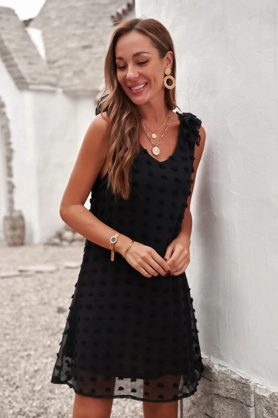 Shewin Women's Black Swiss Dot Mini Dress with V-Neck and Ruffled Sleeveless Design
