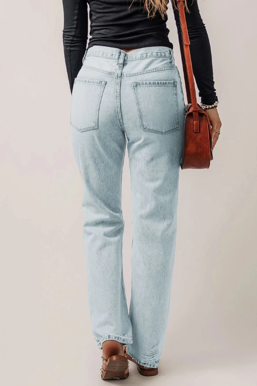 Shewin Women's Vintage Beau Blue Acid Wash Distressed Straight Leg Jeans