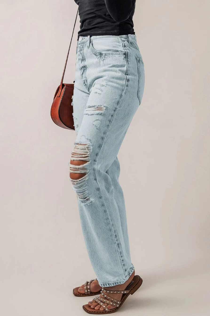 Shewin Women's Vintage Beau Blue Acid Wash Distressed Straight Leg Jeans