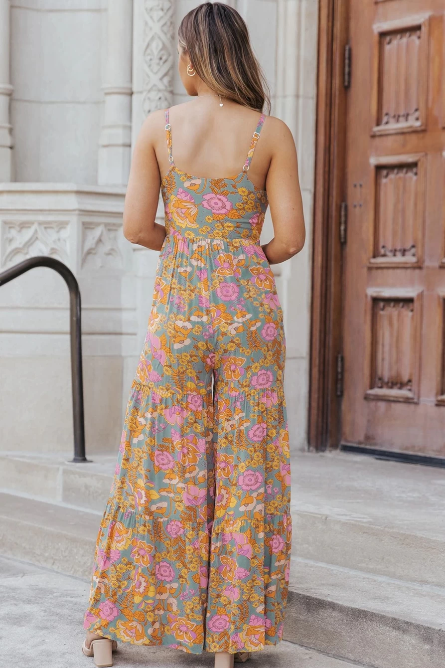 Shewin Women's Sky Blue Floral Tiered Wide Leg Jumpsuit with Adjustable Straps
