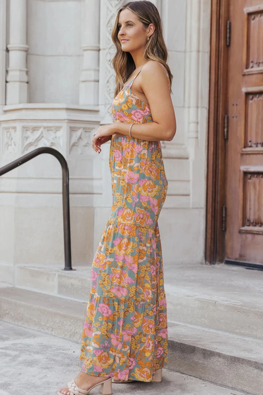 Shewin Women's Sky Blue Floral Tiered Wide Leg Jumpsuit with Adjustable Straps