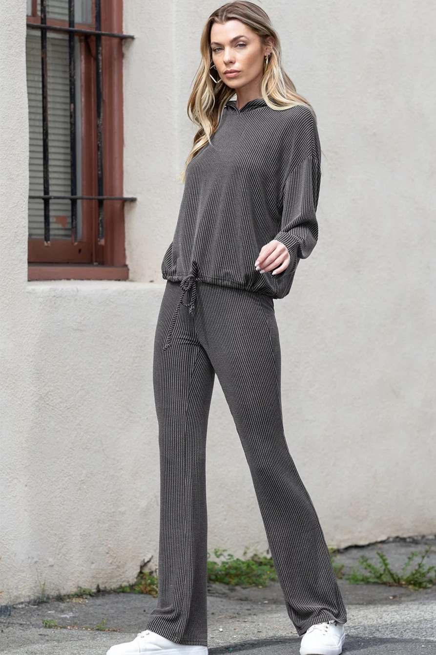 Shewin Women's Black Ribbed Drawstring Waist Hoodie and Pants Set