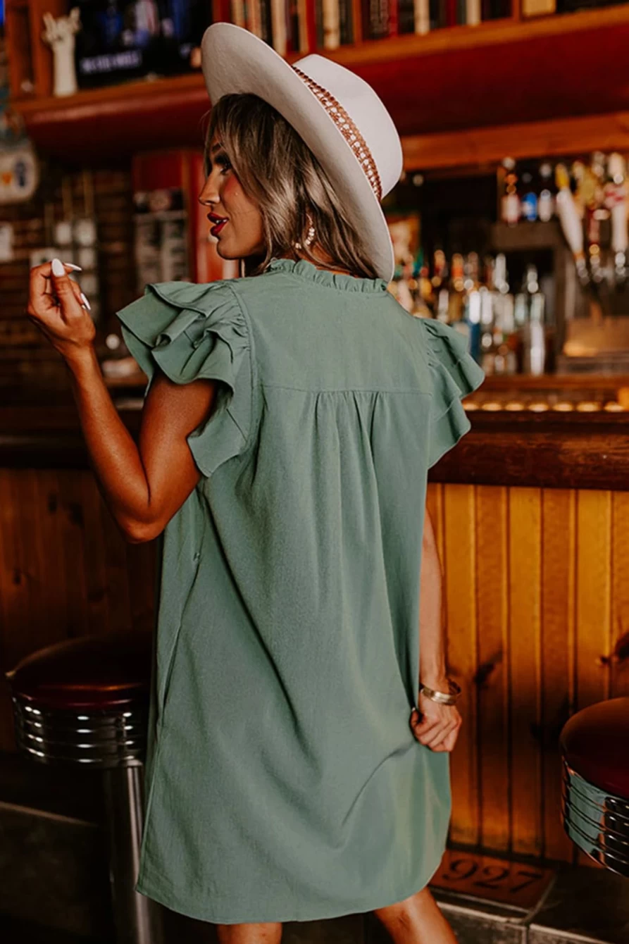 Shewin Women's Mist Green Mini Dress with Ruffle Trim Sleeves, V-Neck, and Pocket