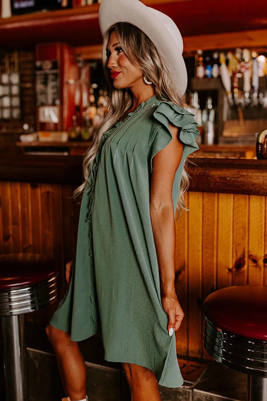 Shewin Women's Mist Green Mini Dress with Ruffle Trim Sleeves, V-Neck, and Pocket