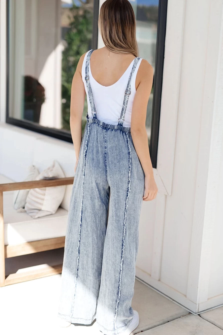 Women's Beau Blue Wide Leg Denim Overalls with Frayed Hem & Exposed Seams - Shewin Light Wash Jeans