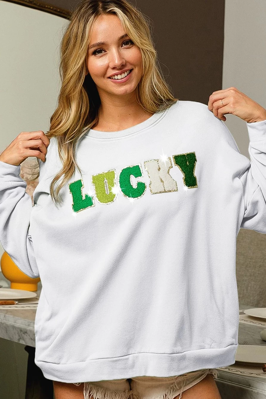 Shewin Women's White Lucky Letter Embroidered Pullover Sweatshirt