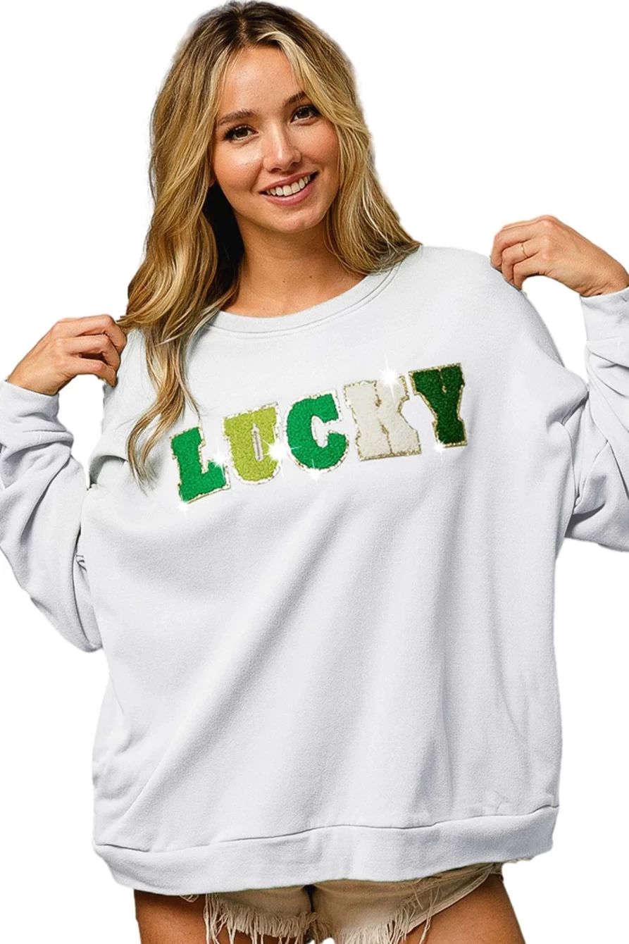 Shewin Women's White Lucky Letter Embroidered Pullover Sweatshirt