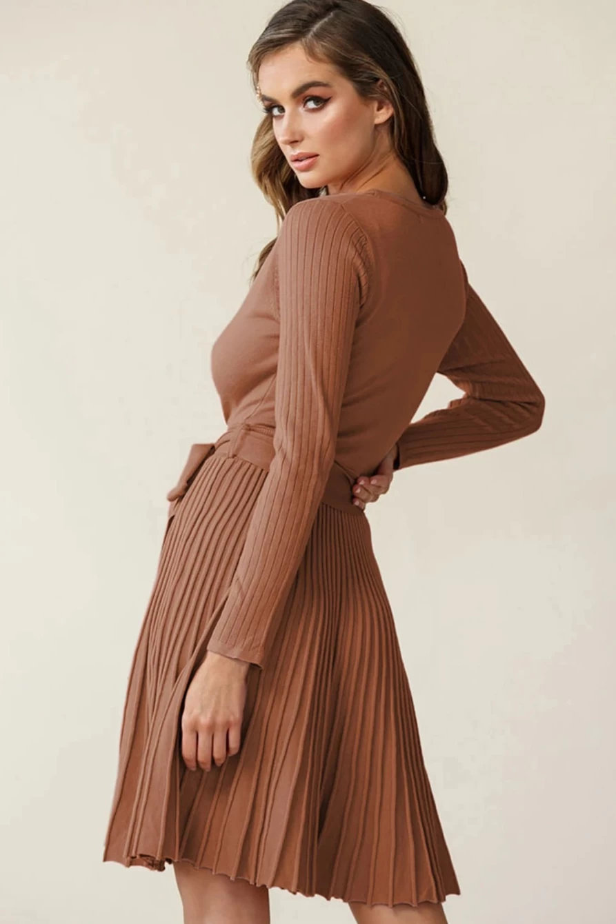 Shewin Women's Brown Belted Wrap Dress with V-Neck, Ribbed Details & Pleated Skirt