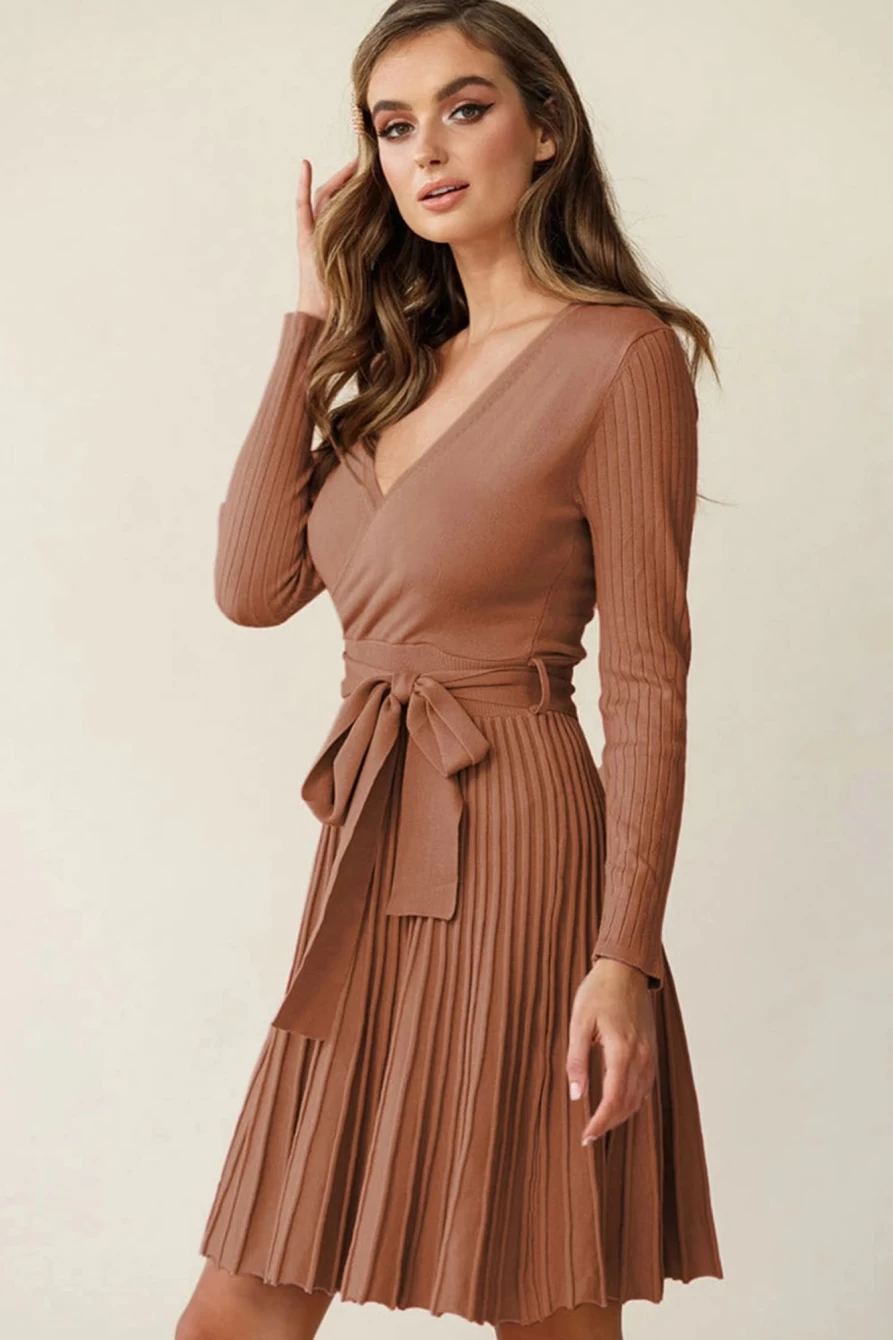 Shewin Women's Brown Belted Wrap Dress with V-Neck, Ribbed Details & Pleated Skirt