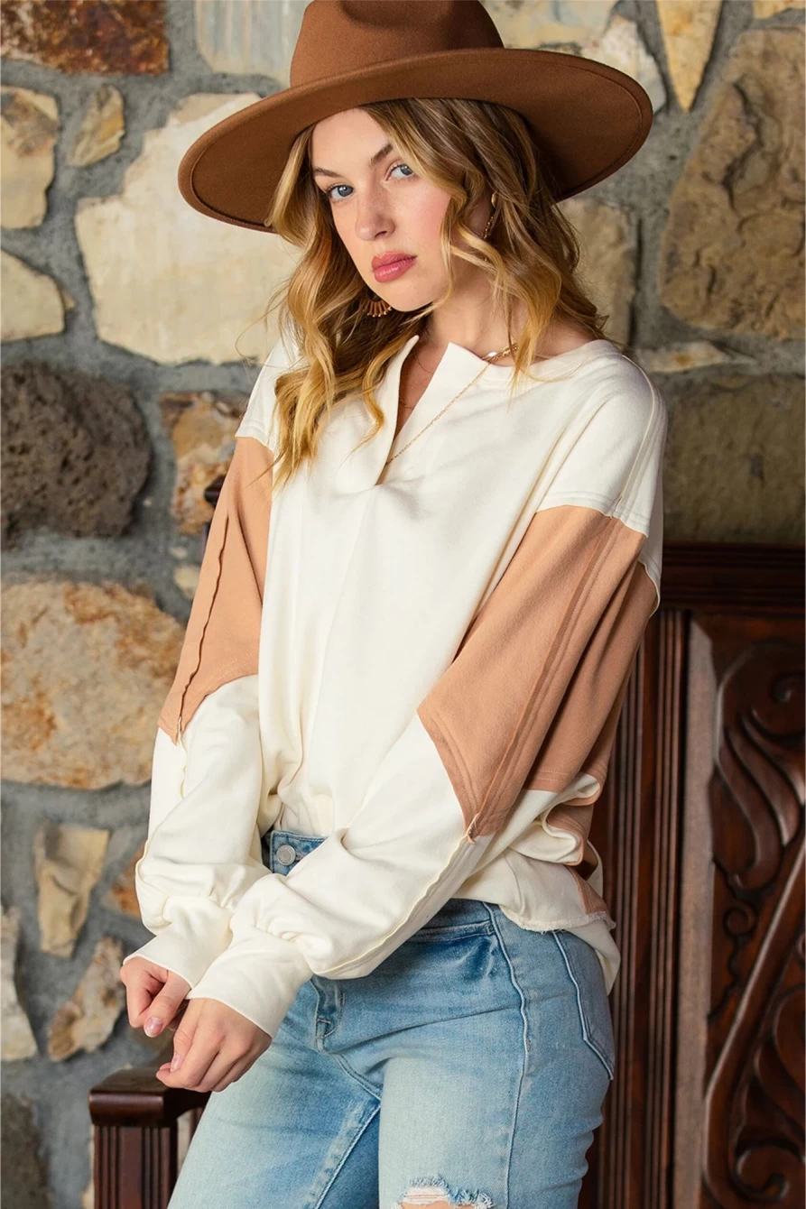 Shewin Women's Brown V-Neck Patchwork Long Sleeve Loose Fit Blouse