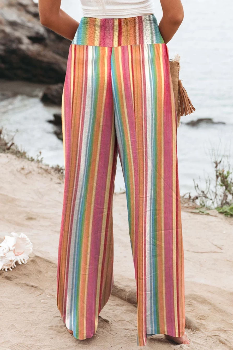 Shewin Women's Multicolor Striped High Waisted Smocked Wide Leg Beach Pants