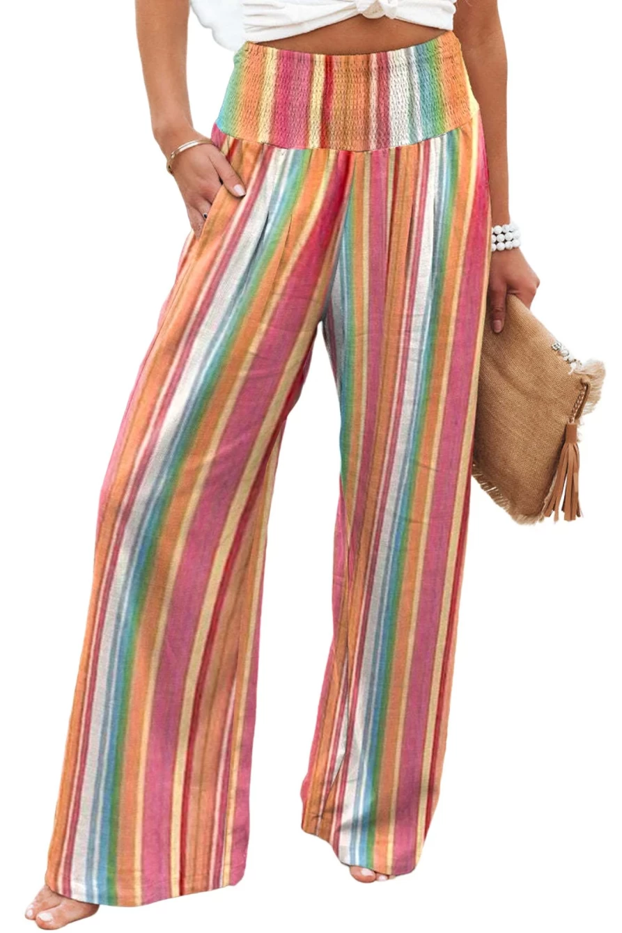 Shewin Women's Multicolor Striped High Waisted Smocked Wide Leg Beach Pants