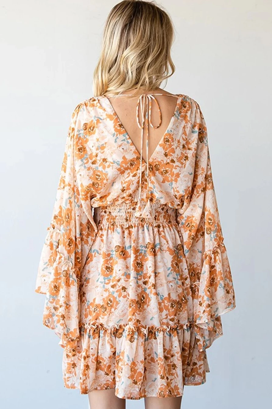 Shewin Women's Orange Floral Smocked Waist Dress - Elegant Summer Casual Outfit