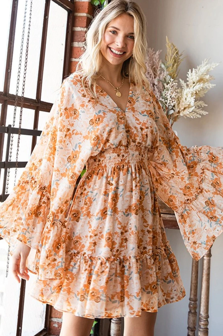 Shewin Women's Orange Floral Smocked Waist Dress - Elegant Summer Casual Outfit