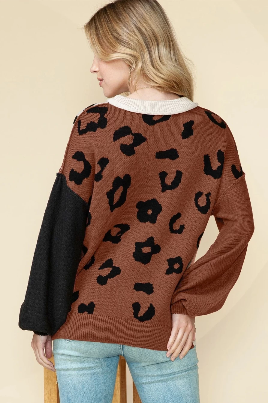 Shewin Women's Coffee Leopard Print Patchwork Pullover Sweater